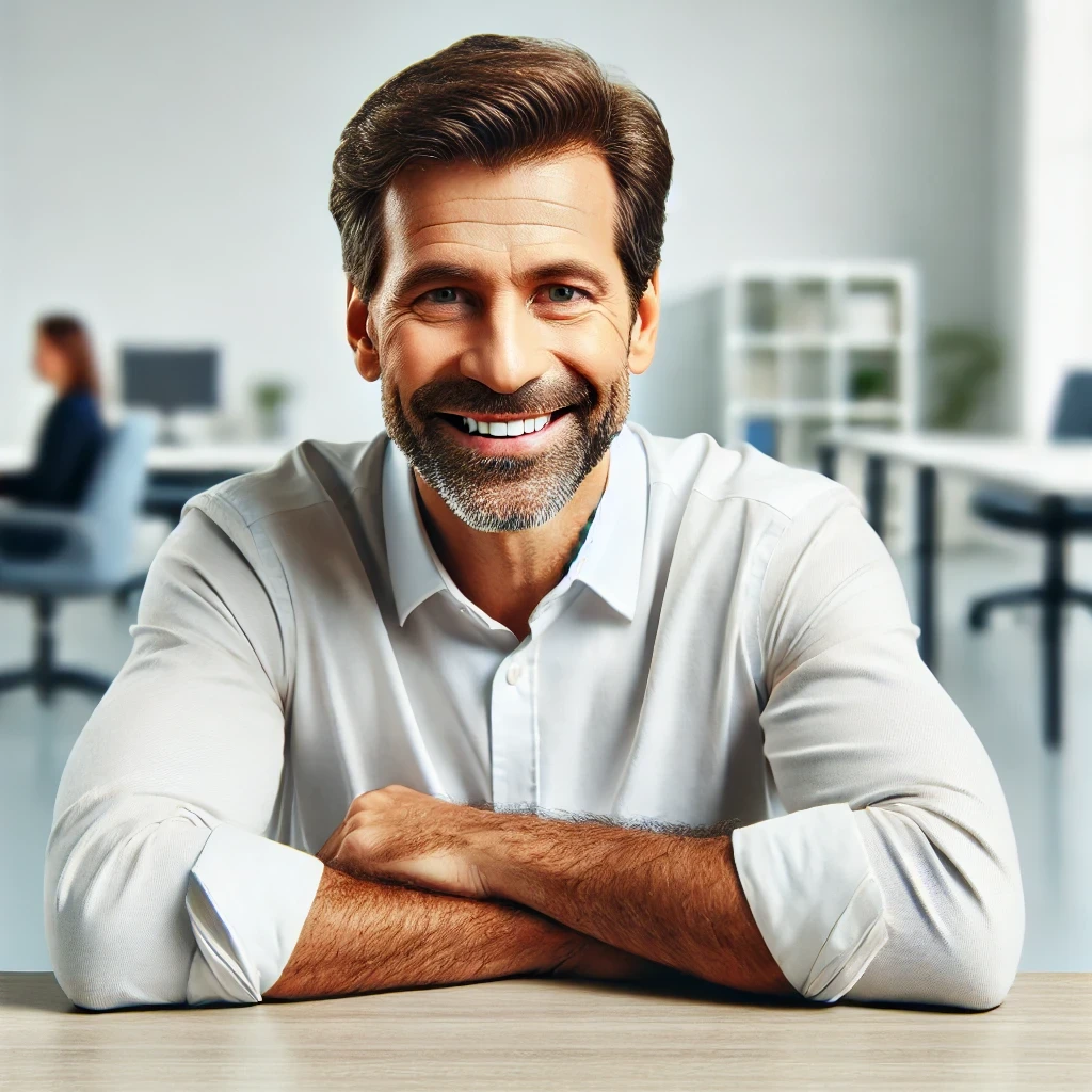 A bearded IT professional smiles at his desk in a modern office because of his satisfaction about Supremo.