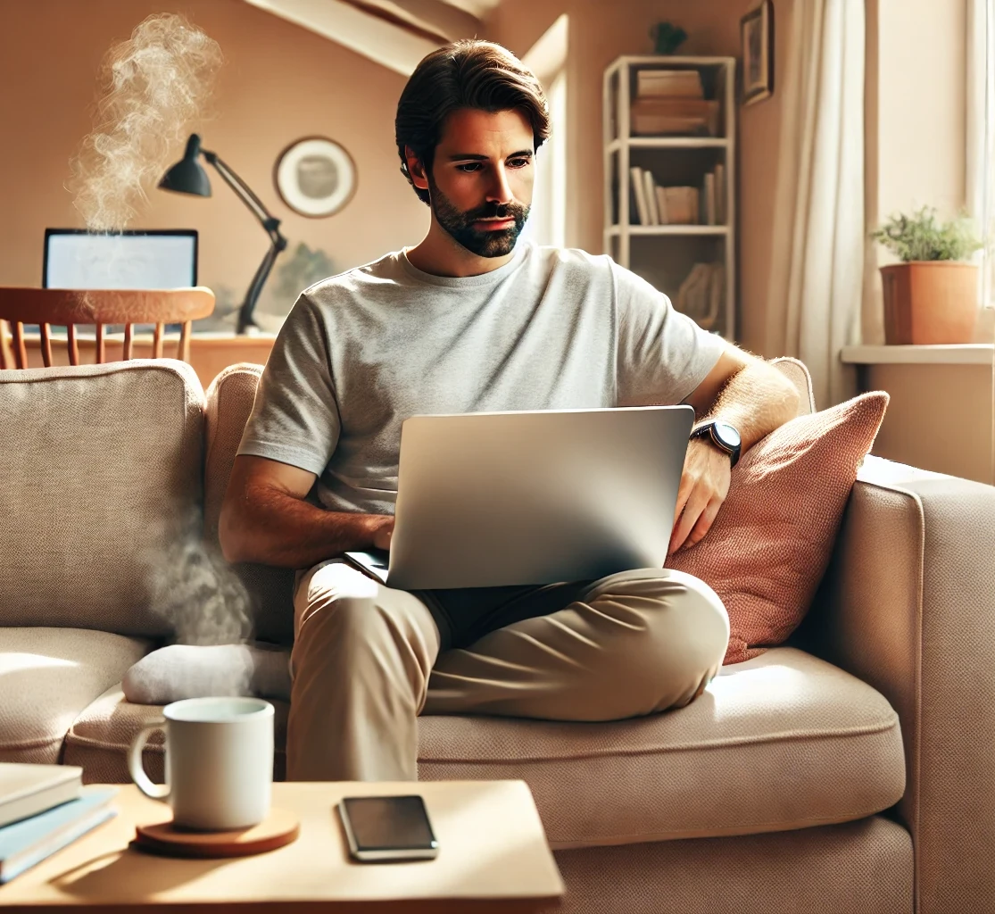 Man sitting comfortably on a cozy sofa at home, using a laptop to remotely connect to his office PC with Supremo.